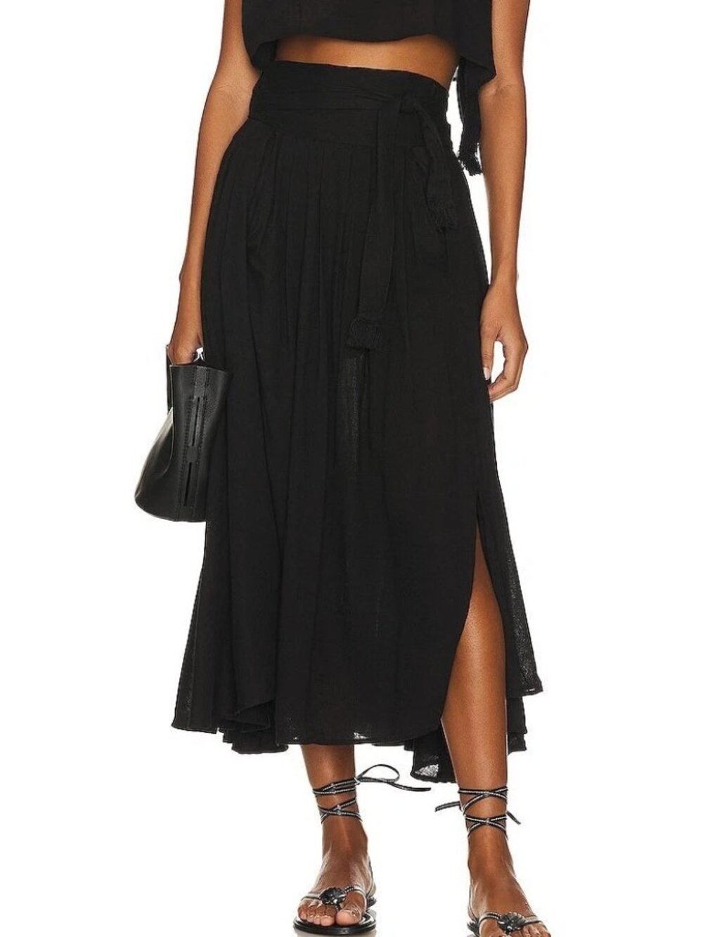 Free People Sundown Midi Skirt Wrap High Waisted Solid Black Cotton L 290384